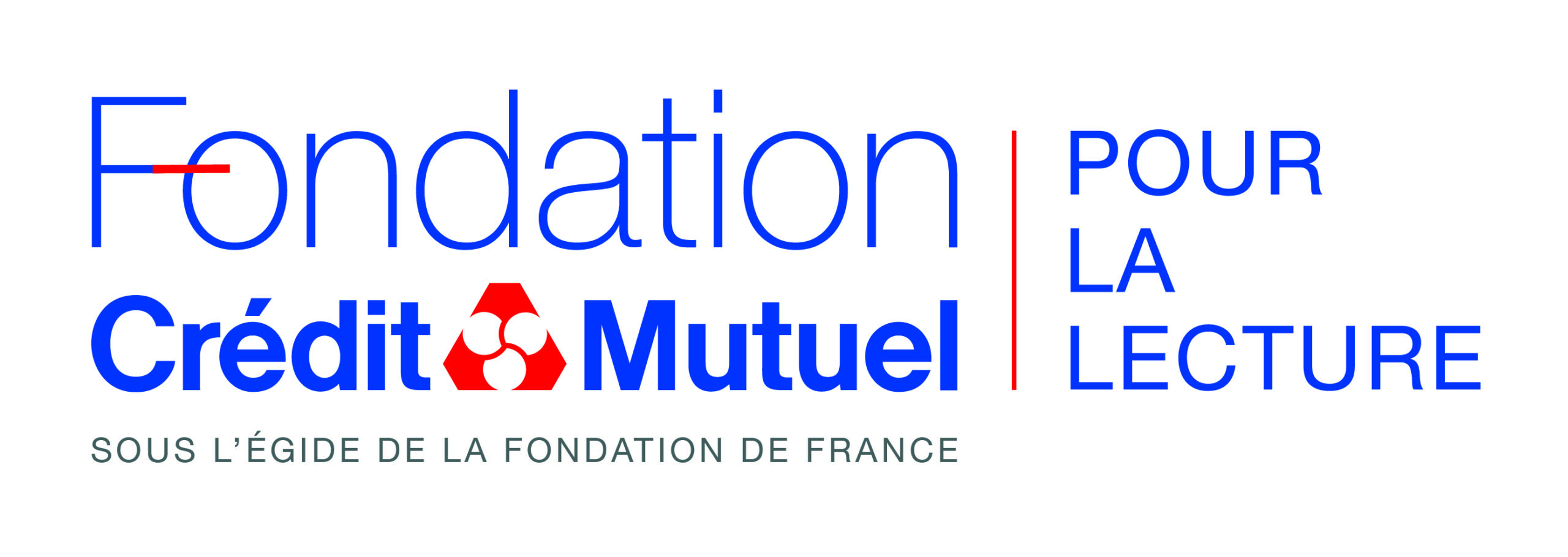 Logo Crédit mutuel rouge avec les mots fondation pour la lecture ecrit en bleu